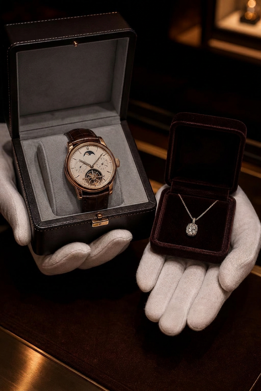 Mains gantées présentant une montre de luxe et un pendentif diamant en écrin