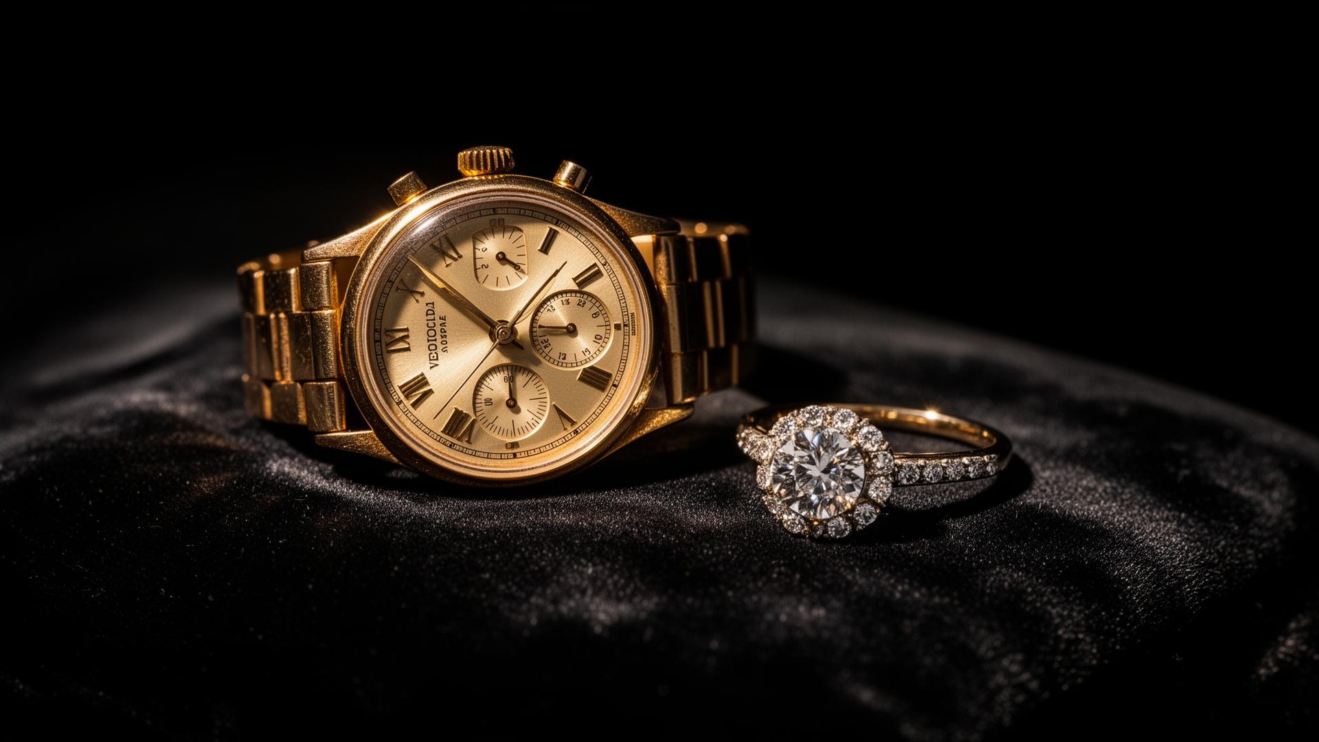 Montre en or et bague en diamant sur velours